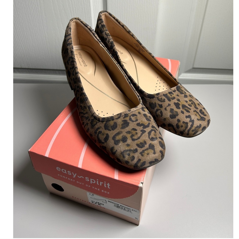 Easy Spirit Jain Brown Leopard Print Block Heel Pumps Square Toe Shoes Women 9.5